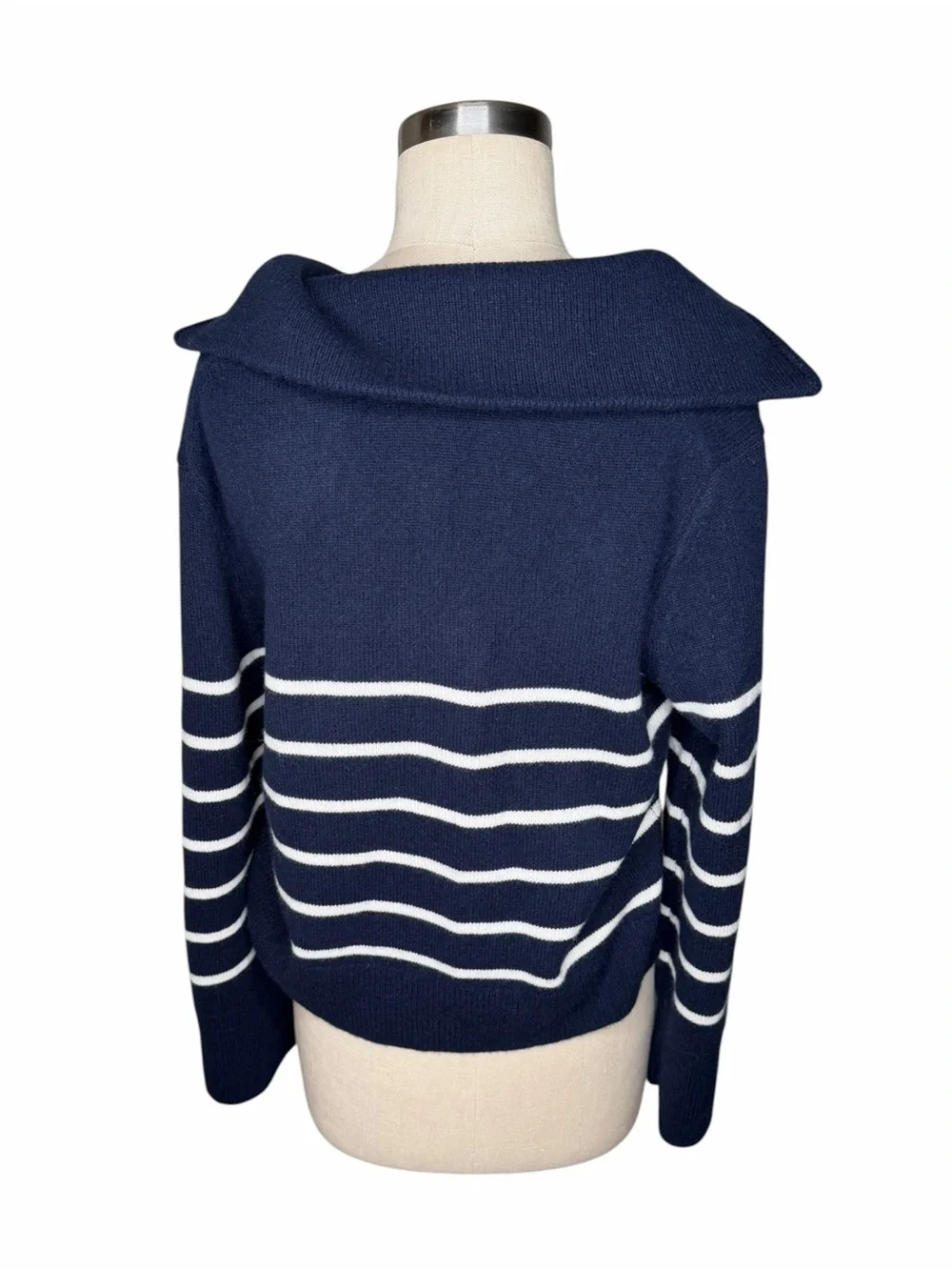 BANANA REPUBLIC Half Zip Cashmere Sweater Navy and White Zip-Up Striped Womens S - Picture 4 of 7